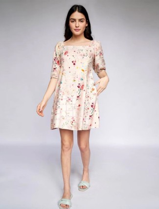 AND cotton printed casual wear dress in awesome beige
