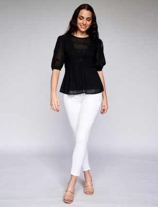 AND excellent black solid georgette top for casual wear