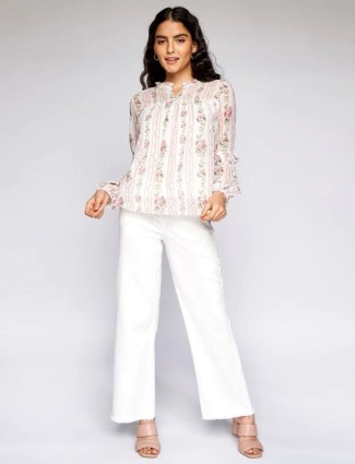 AND exclusive georgette printed off-white casual top