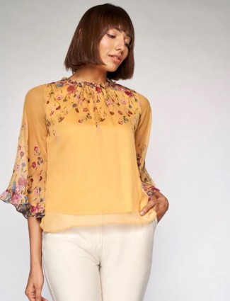 AND latest printed ochre yellow hue casual top for women