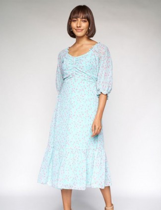 AND sky blue printed georgette casual dress