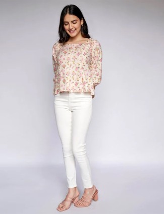 AND stunning light pink cotton printed casual top