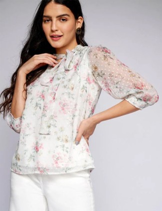 AND tissue silk printed white casual wear top