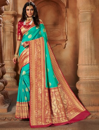 Aqua attractive wedding functions banarasi silk saree