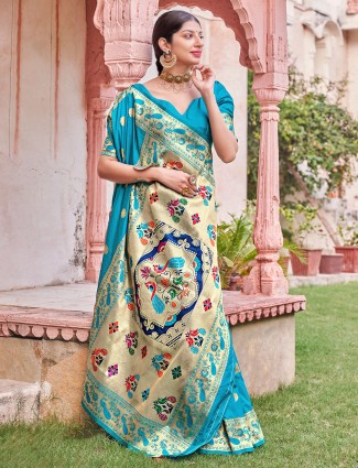 Aqua beautiful wedding patola paithani silk sari