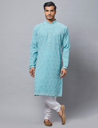 Aqua hue festive wear cotton silk kurta set