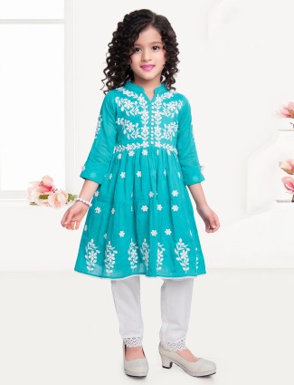 Aqua hued designer anarkali salwar suit in cotton