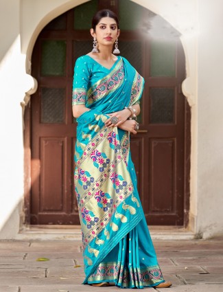 Aqua paithani silk wedding wear saree