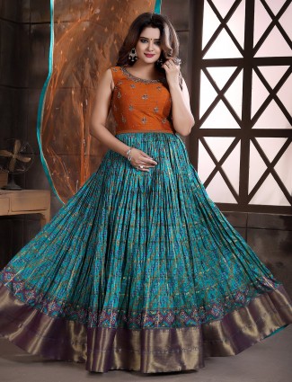 Rama blue patola silk wedding wear floor length anarkali suit