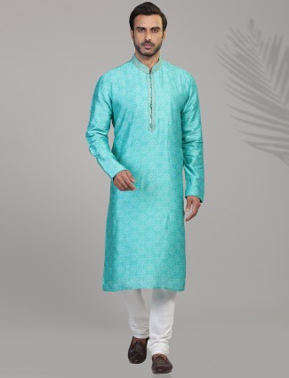Aqua silk bandhej printed kurta suit for festive