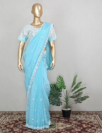 Aqua wedding wear tissue silk sari with ready made blouse