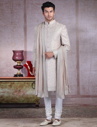 Asthetic beige silk sherwani set