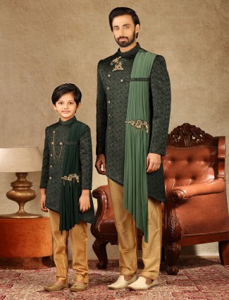 Asthetic bottle green satin silk indo western for father and son