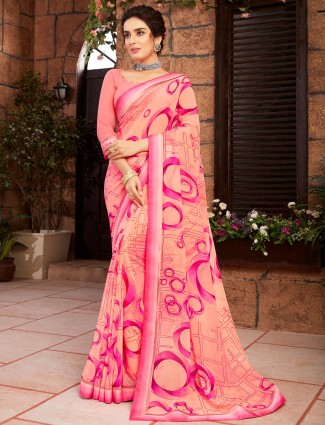 Asthetic floral print saree for festive wear in peach