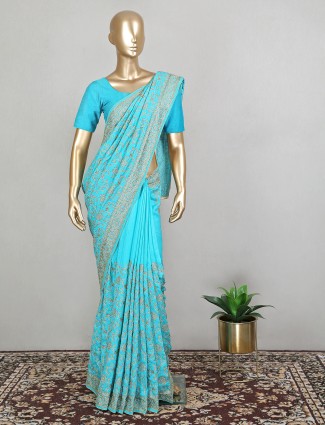 Attirable aqua silk saree for wedding seasons