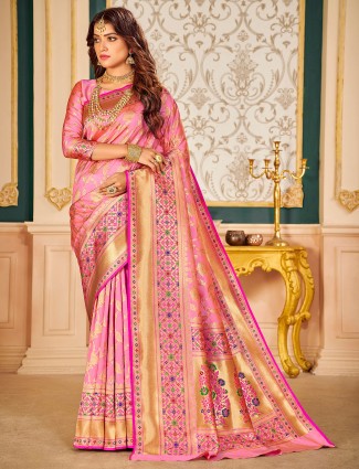 Attirable baby pink wedding occasions banarasi silk saree