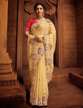 Attirable blonde yellow wedding occasions tissue silk saree