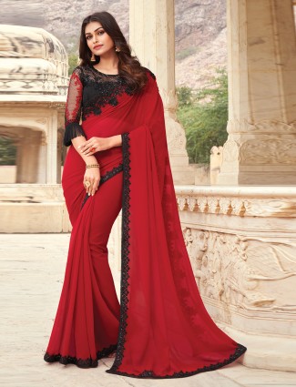 Attirable red satin saree for festive and party seasons