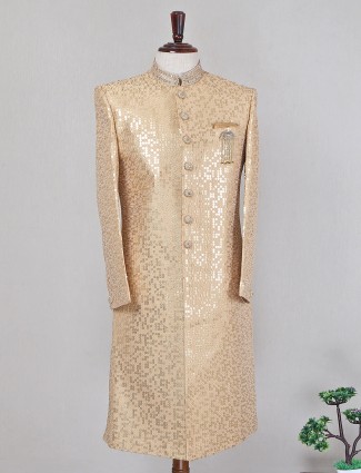 Attractive beige hue sherwani in silk fabric