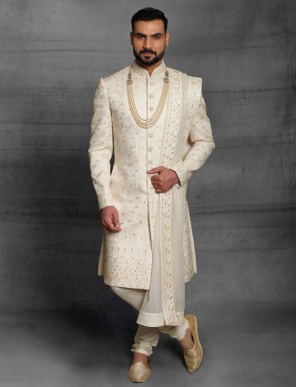 Attractive cream color silk fabric sherwani for wedding event