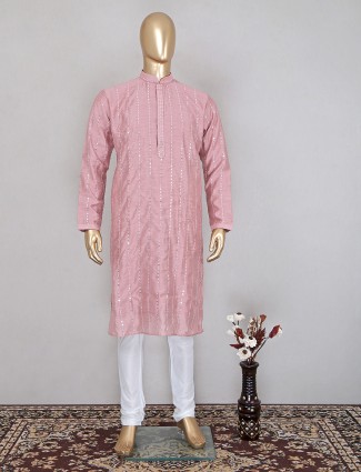Attractive onion pink kurta suit in raw silk fabric
