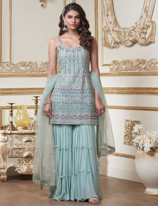 Attractive wedding occasions tissue silk sharara set in teal blue