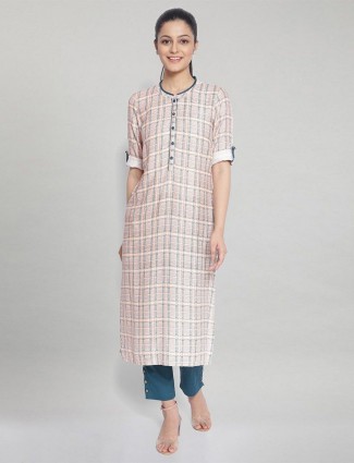 Aurelia designer peach checks cotton casual wear kurti