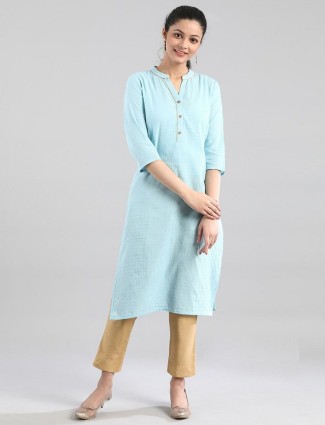 Aurelia sky blue cotton casual wear solid kurti