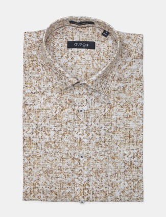 Avega printed brown linen slim fit cotton shirt