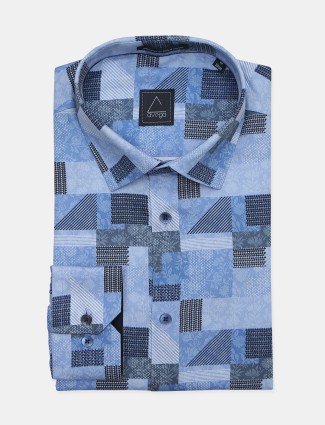 Avega sky blue printed color cotton slim fit shirt