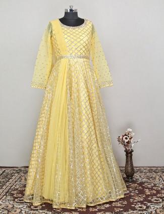 Awesome wedding and party wear net gown in blonde yellow