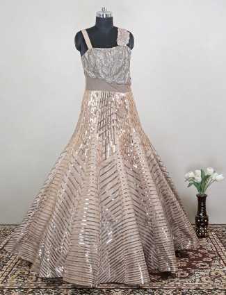 Awesome wedding and reception wear net gown in mouse brown color