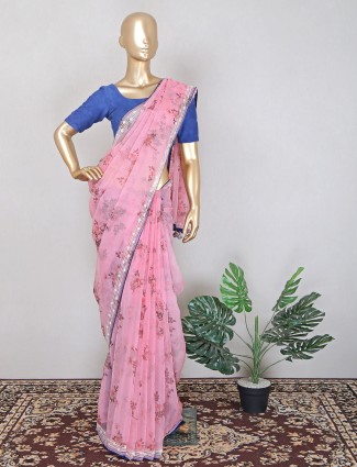 Ballet slipper pink wonderful printed tissue silk saree
