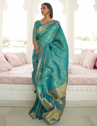 Banarasi silk charming aqua wedding functions saree