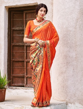 Banarasi silk innovative tangy orange color wedding functions saree