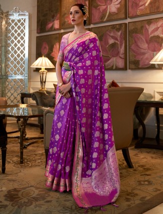 Banarasi silk purple hue wonderful wedding saree