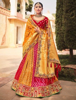 Banarasi silk unstiched lehenga choli in magenta and yellow