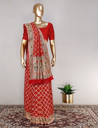 Bandhej printed saree for bridal wear in red
