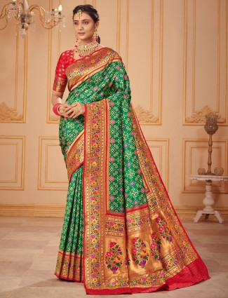 Basil green wedding look patola silk elegant saree