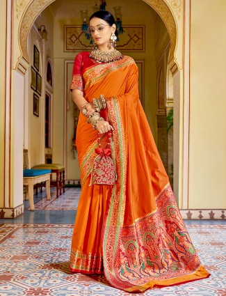 Beautiful apricot orange banarasi silk saree for wedding occasions