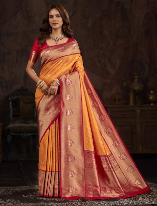Beautiful orange banarasi silk saree