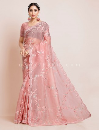 Beautiful peach organza tissue silk saree for wedding