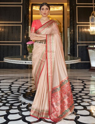 Beautiful peach tussar silk saree for wedding occasions