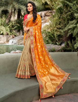 Beige and orange half n half wedding wear saree