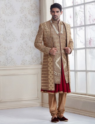 Beige designer silk wedding wear sherwani