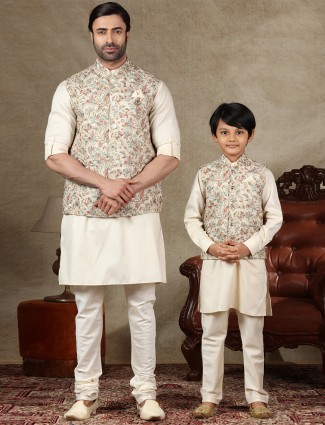 Beige father and son concept waistcoat set in cotton