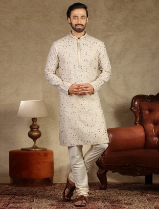 Beige hue printed linen kurta suit