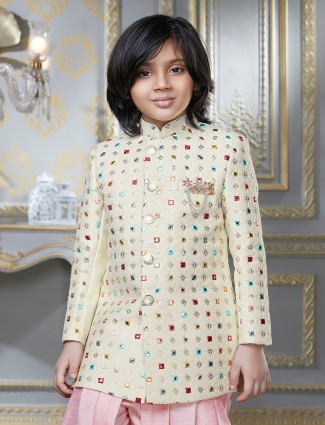 Beige hued cotton silk indo-western suit for boys