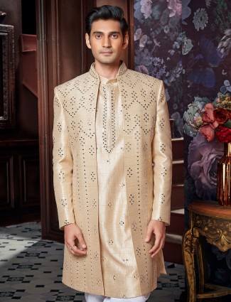Beige hued raw silk indowestern for wedding