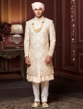 Beige hued raw silk wedding wear sherwani for mens